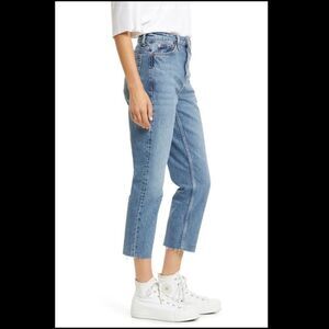 Topshop High Waist Raw Hem Straight Leg Crop Jeans Bleach Wash US 6 W 28 New